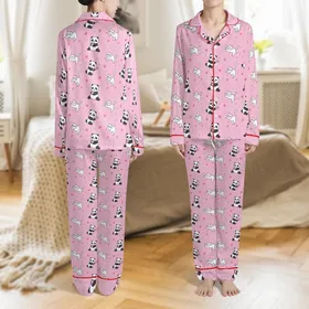 Cute Animal Lovers' Whimsical Pink Panda Cat Hearts Lilac Dot Pattern Satin Pajamas Set