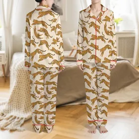 Women's Satin Loungewear Sleep Set: Stylized Ochre Leopard Print on Champagne Beige, Turn-Collar Long Pants & Sleeves Satin Pajamas Set