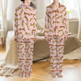 Women's Elegant V-Neck Soft Pink Stylized Leopard Print All-Season 3-Piece Belted Sleep Set Satin Pajamas Set