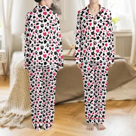 Women's Allover Fuchsia Heart & Black Paw Pet Motif Casual Long Sleeve Pajamas Satin Pajamas Set