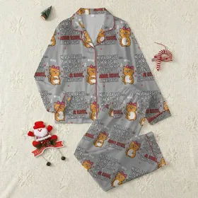 Women's 3pc Sleep Set: Grumpy Orange Cat, Sassy A Motto Print, Pink Bow Detail – Top, Shorts & Pants Satin Pajamas Set