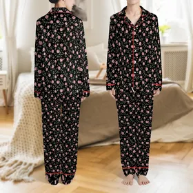 Women's Hand-Drawn Muted Pink Rose Black Long-Sleeve & Pants Sleep Set Satin Pajamas Set