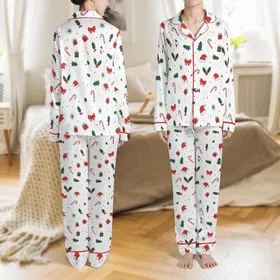 Women's Whimsical Holly Berry Candy Cane Pajamas Set - Festive Holiday Loungewear Satin Pajamas Set