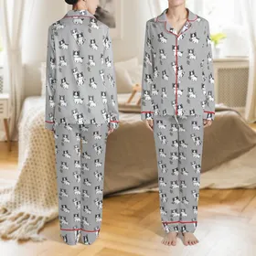Women's Heather Grey Cartoon Kitten Print Long Sleeve & Pant Sleep Set with Light Blue Eyes & Bow Accent Satin Pajamas Set