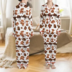 Personalized Highland Cow Fan: Adorable Baby Calves Pattern – Shaggy Fur, Pink Nose, Chocolate Drip Accents Satin Pajamas Set