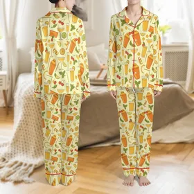 Women's Retro Cocktail AOP Satin Pajamas Set – Shaker, Glass & Fruit Bar Design Loungewear Satin Pajamas Set