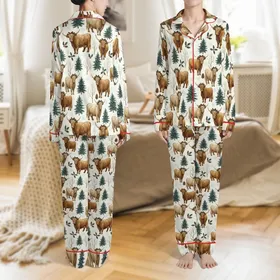 Rustic Christmas Pajamas: Highland Cow Holly & Snow Pattern Sleep Set Satin Pajamas Set