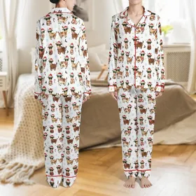 Whimsical Cow Christmas Pajamas Pattern: Cartoon Farm Animal Lights Sublimation Art Satin Pajamas Set