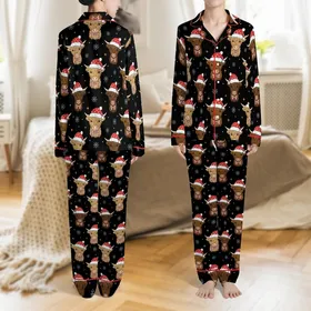 Western Coquette Highland Cow Pattern: Retro Christmas Santa Hat & Plaid Bow - Rustic Winter Design Satin Pajamas Set