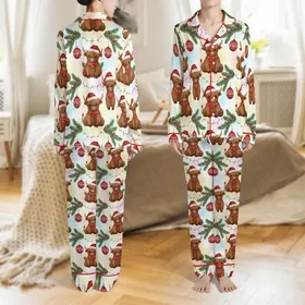 Cow Lover's Christmas Pajama Set: Faux Yarn Knitted Highland Cow & Snowflake Pattern Satin Pajamas Set