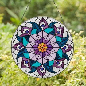 Art Lovers' Luminous Stained Glass Flower Lavender Violet Teal Frosted Clear Mosaic Design Stained Glass Suncatcher