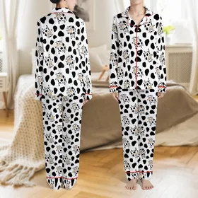 Cartoon Animal Lovers' Whimsical Dairy Cow & Organic Spot Pattern Black White Pink Tan Satin Pajamas Set