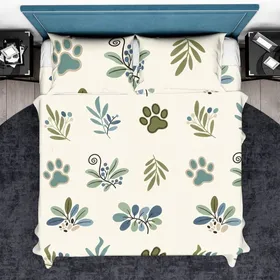 Pet Lovers' Organic Botanical Paw Print and Leaf Motif in Muted Teal, Olive, and Cream Bedding Set