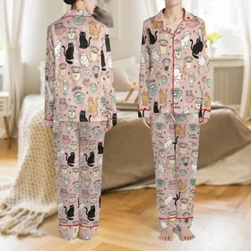 Cat & Coffee Lovers Whimsical Hand-Drawn Cats, Coffee Pun Mugs & Pastel Elements All-Over Pattern on Blush Pink Satin Pajamas Set