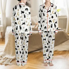 Celestial Cat Lovers' Whimsical Black Cats Gold Ochre Crescent Moons Star Floral Pattern Satin Pajamas Set