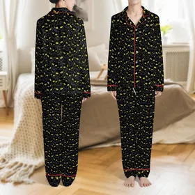 Cat Lovers' Playful Minimalist Black Cartoon Cat Faces Seamless Pattern Light Grey Outlines Bright Yellow Eyes Satin Pajamas Set