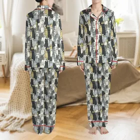 Cat Lovers' Whimsical Stacked Cats All-Over Print Muted Black Grey Gold Cartoon Art Satin Pajamas Set
