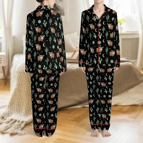 Whimsical Nature Lovers' Black Highland Cow Sage Cactus Moon Star Flat Vector Pattern Satin Pajamas Set