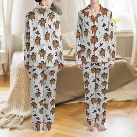 Western Style Lovers' Light Heather Gray Cartoon Highland Cow Head Cowboy Hat Turquoise Leopard Print Pattern Satin Pajamas Set