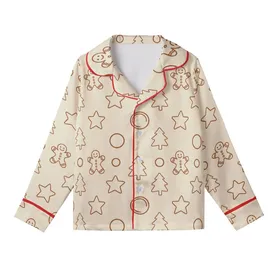 Women's Creamy Beige & Warm Brown Hand-Drawn Gingerbread Men, Minimalist Christmas Trees, Stars Kid Satin Pajamas Set
