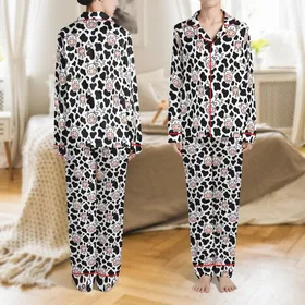 Cute Animal Lovers' Black White Cow Spot Pattern Smiling Pink Cow Face Milk Udders Design Satin Pajamas Set