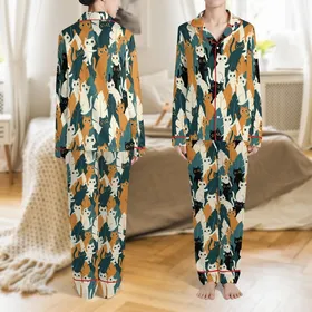 Cat Lovers' Playful Expressive Cats Dark Teal Orange Cream Flat Graphic Seamless Repeat Satin Pajamas Set