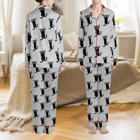 Cat Lovers' Whimsical Black Cartoon Cats Climbing Scratching Seamless Pattern on Heather Grey Satin Pajamas Set