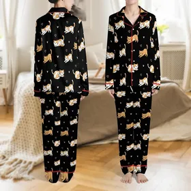 Cat Lovers' Playful Cartoon Cats Tan-Orange White Light Pink Hearts Deep Black All-Over Pattern Satin Pajamas Set