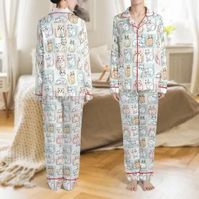Cat Lovers' Adorable Pastel Pink Blue Gray Cartoon Cats Seamless All-Over Pattern Satin Pajamas Set