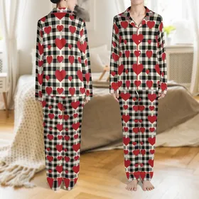 Cozy Style Enthusiast's Dense Black Light Beige Buffalo Plaid with Layered Medium Red Hearts Satin Pajamas Set