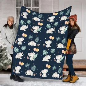 Whimsical Watercolor Deep Navy Baby Elephants Tropical Leaves Balloons Stars Pattern Bedding Set