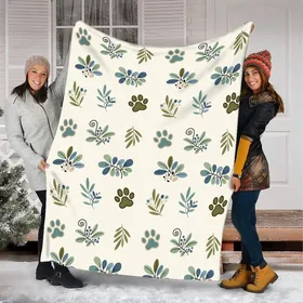 Pet Lovers' Organic Botanical Paw Print and Leaf Motif in Muted Teal, Olive, and Cream Fleece Blanket