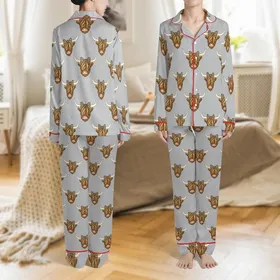 Highland Cow Lovers' Seamless Heather Grey Fluffy Brown Cow Head Leopard Print Bow Pattern Satin Pajamas Set
