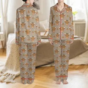 Highland Cow Lovers' Cute Fluffy Highland Cow Faces Warm Taupe Seamless Pattern with Playful Leopard Bows Satin Pajamas Set