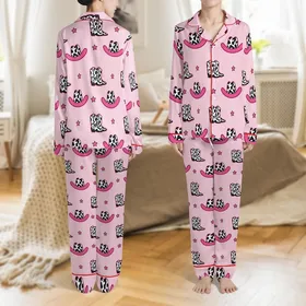 Women's Light Pink Cartoon Western Hot Pink Cowboy Hat Boot Black White Cow Print Star Pattern Satin Pajamas Set