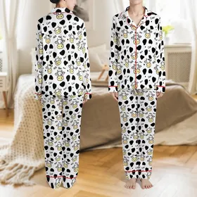 Cow Lovers' Playful White Black Yellow-Tan Pink Cartoon Cow Faces Spots Moo Pattern Satin Pajamas Set