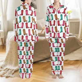 Women's Whimsical Hand-Drawn Cowboy Boots Rose Pink Turquoise Rustic Pattern Satin Pajamas Set