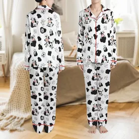 Cow Lovers' Playful Cartoon Cow Black Spot Milk Splashes Pattern White Pink Satin Pajamas Set