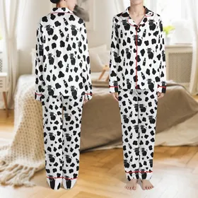 Cow Print Enthusiasts' Graphic Black White Cow Print Pattern with Whimsical Cows Milk Bottles & Hearts Satin Pajamas Set