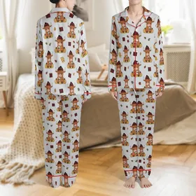 Highland Cow Lovers' Adorable Fluffy Cinnamon Cow Red Buffalo Plaid Beanie Hay Pattern Satin Pajamas Set