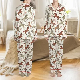 Women's Vintage Illustrative Wild Horses Galloping Pastel Roses Botanical Pattern Satin Pajamas Set