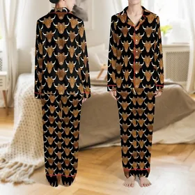 Women's Stylized Highland Cow Heads Leopard Print Bow Scattered All-Over Warm Brown Tan Beige on Deep Black Satin Pajamas Set