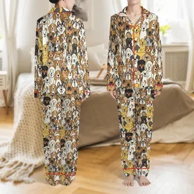 Dog Lover's Playful Cartoon Dog Breeds Design - Garment Print Satin Pajamas Set