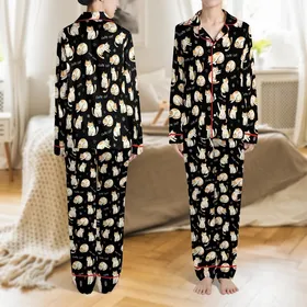 Cat Lovers' Whimsical Hand-Drawn All-Over Cartoon Cats Off-White Orange Beige Black Pattern with Fish Bones & Yarn Balls Satin Pajamas Set