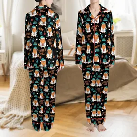 Cat Owners' Grumpy Orange Cat Cartoon Pattern with Teal Accents, Coffee Mugs, Vacuums, & 'LITTER'S FULL' Text Satin Pajamas Set