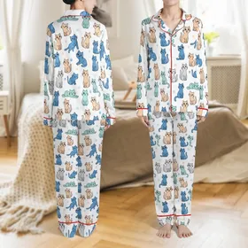 Cat Lovers' Whimsical Cartoon Cats Seamless Pattern: Royal Blue, Grey, Peach, Teal on White Background Satin Pajamas Set