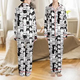 Cat Lovers' Whimsical Black White Grey Pink Cartoon Cat Faces Pattern Satin Pajamas Set
