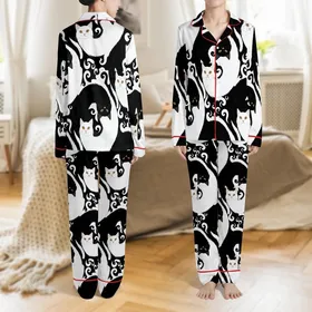 Cat Lovers' High-Contrast Black & White Intertwined Feline Yin-Yang Pattern with Amber Eyes Satin Pajamas Set