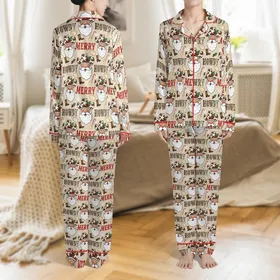 Festive Celebrators' Rustic Santa Head, Cow Print Hat, Howdy, Holly & Cowboy Boot Pattern Satin Pajamas Set