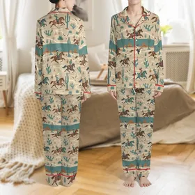 Western Enthusiasts' Muted Teal Sandy Beige Vintage Illustrative Western Desert Cowboy Cowgirl All-Over Pattern Satin Pajamas Set